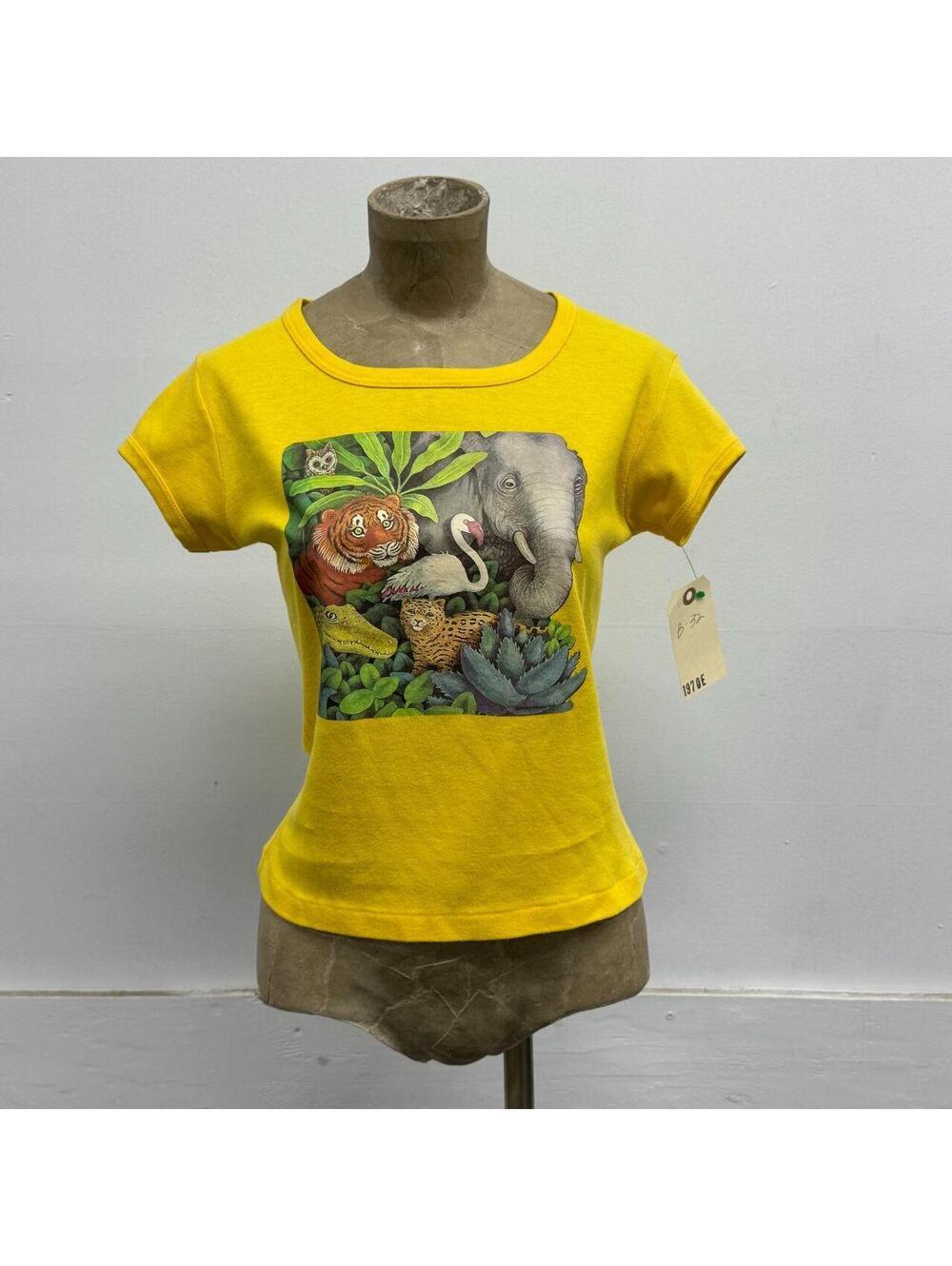Vintage 1970s Bright Yellow Safari Zoo Animals Novelty Graphic Baby Tee